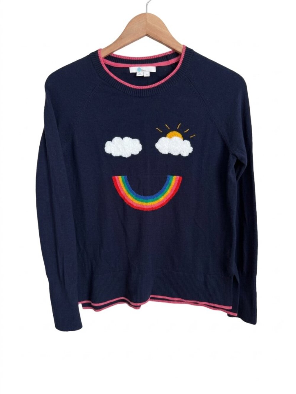 Boden Penny Jumper XS Navy Rainbow Cloud Smiley Teacher Classroom Cotton Sweater